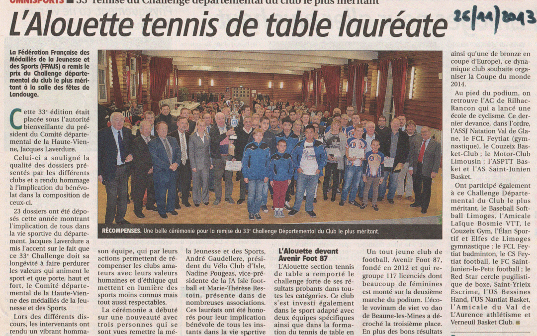 L’Alouette tennis de table lauréate !
